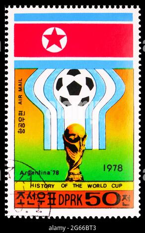 MOSKAU, RUSSLAND - 22. MÄRZ 2020: In Korea gedruckte Briefmarke zeigt Argentinien 1978, Geschichte der FIFA WM - Gastgeberländer Serie, um 1978 Stockfoto