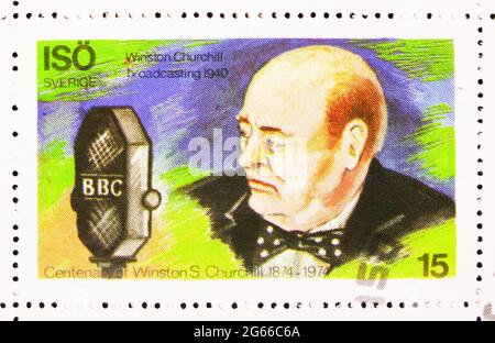 MOSKAU, RUSSLAND - 22. MÄRZ 2020: Briefmarke in Cinderellas zeigt 100 Jahre Winston Churchill, ISO (Schweden) Serie, 15 - No Face Value, CI Stockfoto