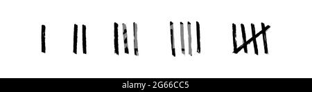 Erfassung von Tally-Marken. Handgezeichnete Stäbchen zum Zählen von Dingen und Tagen. Schwarze Kreidesymbole auf weißem Hintergrund. Vektorgrafik. Stock Vektor