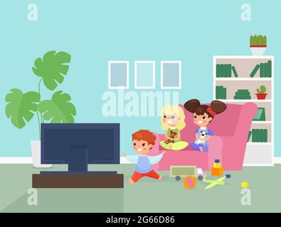 Kinder Fernsehen flache Vektor-Illustration. Niedliche Kinder sitzen auf Sofa Comic-Figuren. Lächelnde Vorschulkinder, die mit weichen Spielsachen und Würfeln spielen Stock Vektor