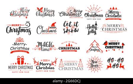 Weihnachten wünscht flache Vektor-Sticker Set. Weihnachtsgrüße in schwarz-rotem Schriftzug. Frohe Weihnachtsbotschaft mit dekorativen Wintersymbolen. Lustig Stock Vektor