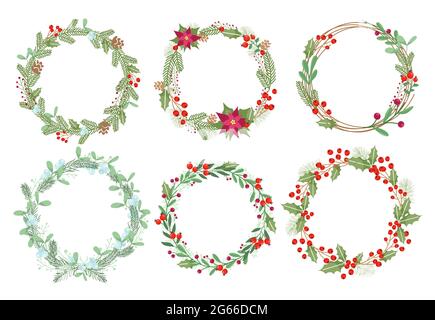 Weihnachtskränze flache Vektor-Illustrationen Set. Traditionelle Weihnachtsdekoration mit Mistel-, Ilex- und Weihnachtsblumen. Runde botanische Rahmen mit Stock Vektor