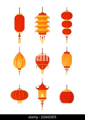 Vektor-Illustration von chinesischen Laternen auf weißem Hintergrund gesetzt. Traditionelle rote Laternen-Lichterkollektion, Dekoration zur Feier. China-Kultur Stock Vektor