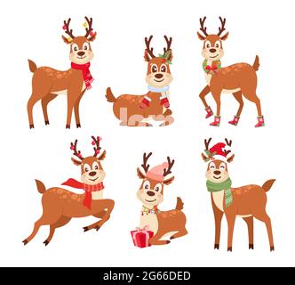 Set mit flachen Vektorgrafiken für Rentiere. Niedliche Weihnachtsmann-Helfer mit Schals und Geschenken. Lustige Hirte Comic-Figuren Sammlung. Wintersaison Stock Vektor