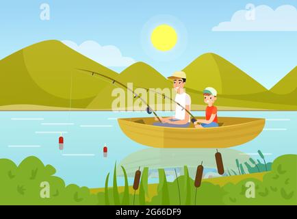 Vater und Sohn fischen im Boot flache Vektor-Illustration. Vater und Teenager genießen sommerliche Aktivitäten im Freien. Eltern teilen Hobby mit Kind Stock Vektor