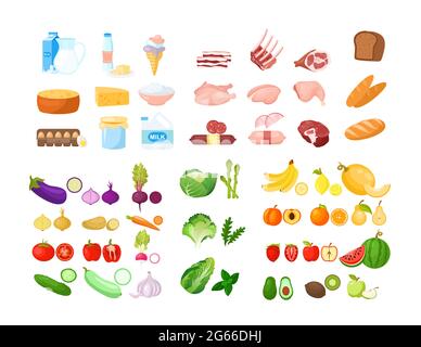 Vektor-Illustration der Lebensmittel-Cartoon-Sammlung. Obst, Gemüse, Backwaren, Milchprodukte und Fleischprodukte. Isolierte Cliparts für Lebensmittel. Lebensmittelgeschäft Stock Vektor