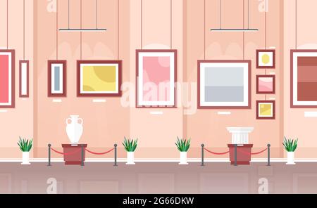 Vektor-Illustration von Museum oder Kunstgalerie Ausstellung Interieur in Cartoon-Flat-Stil. Abstrakte Kunst Bunte Gemälde an den Wänden und Skulpturen in Stock Vektor
