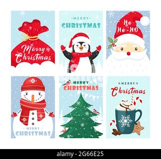 Weihnachten Grußkarten Vorlagen Set. Niedliche Postkarten-Kollektion für Winterferien. Cartoon Schneemann, Pinguin und Santa mit Frohe Weihnachtswünsche Stock Vektor