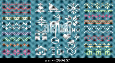 Gestrickte Weihnachts-Symbole und Muster flache Vektor-Illustrationen Set Stock Vektor