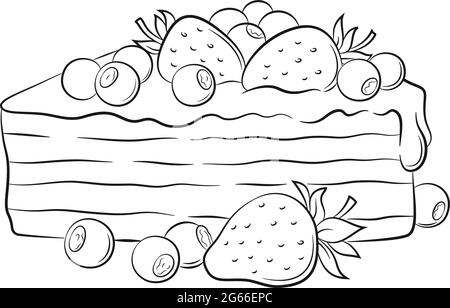 Weihnachtskuchen, Kuchen mit Erdbeeren und Heidelbeeren, schwarze Konturen isoliert auf weißem Hintergrund. Vektor Stock Vektor