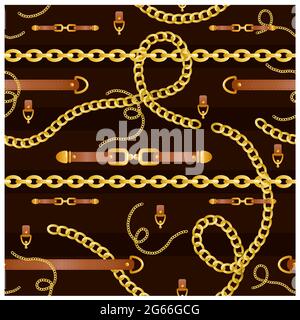 Vektor-Illustration von nahtlosen Muster mit Gürtel und Kette auf dunklem Hintergrund, goldene Farben. Stock Vektor