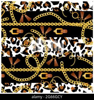 Vektor-Illustration von nahtlosen Muster mit Gürtel, Ketten, Anker, Münzen auf Leoparden Hintergrund für Stoff-Design. Stock Vektor