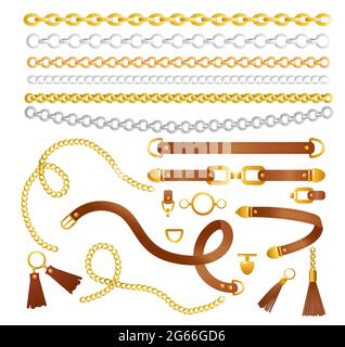 Vektorgrafik Satz von Ketten und Bändern. Fashion Kollektion von Elementen für Stoffdesign mit goldener und silberner Kette und Riemen. Textilmuster Stock Vektor