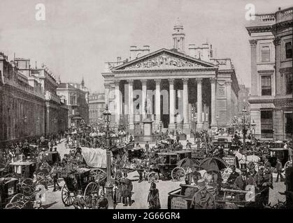 Ein Blick aus dem späten 19. Jahrhundert auf den frühen Verkehrsstau vor der Royal Exchange in London, England, gegründet im 16. Jahrhundert von dem Kaufmann Sir Thomas Gresham auf den Vorschlag seines Faktors Richard Clough, als Handelszentrum für die City of London zu fungieren. Es wurde zweimal durch einen Brand zerstört und anschließend wieder aufgebaut, das heutige Gebäude wurde in den 1840er Jahren von Sir William Tite entworfen. Der Standort wurde vor allem seit fast 150 Jahren vom Versicherungsmarkt von Lloyd's besetzt. Stockfoto