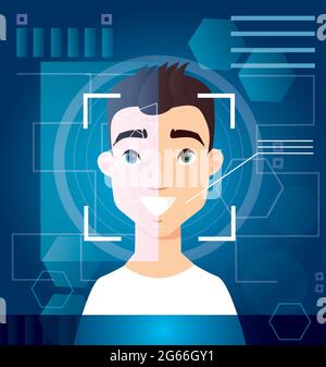 Konzept des biometrischen Scannens von Menschengesicht, digitale Erkennung, id-Scanning, futuristischer digitaler Hintergrund. Gesicht scannen, Verifizierung auf dem Bildschirm. Vektor Stock Vektor