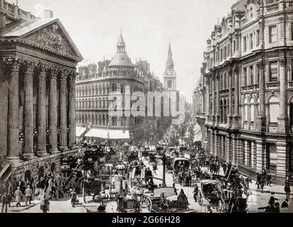 Ein Blick aus dem späten 19. Jahrhundert auf den frühen Verkehrsstau vor dem Herrenhaus in Cheapside, einer Straße im historischen und modernen Finanzzentrum der City of London, England. Nach der großen Kirche von St. Michael-le-Querne wurde das obere Ende der Straße zu einer zweispurigen Straße, den Shambles (die sich auf einen Schlachthof im Freien und einen Fleischmarkt bezieht), erweitert, wobei sich auf beiden Seiten Metzgereien befinden und ein zentraler Bereich, in dem sich auch Metzgereien befinden, aufgeteilt ist. Stockfoto