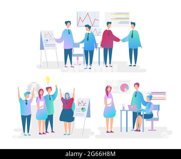 Büroangestellte sind mit flachen Schriftzeichen ausgestattet. Teamarbeit und Zusammenarbeit der Mitarbeiter. Perspektivische Diskussion, Strategieentwicklung, Erfolgskonzept Stock Vektor