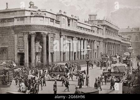 Eine Ansicht des späten 19. Jahrhunderts über die Bank of England, die Zentralbank des Vereinigten Königreichs, die 1694 gegründet wurde, um als Banker der englischen Regierung zu fungieren, und immer noch einer der Banker der Regierung des Vereinigten Königreichs, ist sie die achtälteste Bank der Welt. Die Bank zog 1734 an ihren derzeitigen Standort in der Threadneedle Street und erwarb benachbarte Grundstücke, um unter der Leitung ihres Chefarchitekten Sir John Sloane zwischen 1790 und 1827 den für die Errichtung des ursprünglichen Wohnhauses der Bank an diesem Standort erforderlichen Standort zu schaffen. Stockfoto