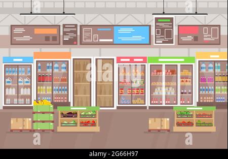 Vektor-Illustration von Supermarkt Interieur. Großer Supermarkt mit viel Waren, Obst und Gemüse. Einkaufszentrum in flacher Karikatur Stock Vektor