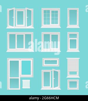 Kunststoff-Fenster flache Vektor-Illustrationen Set. Haus innen, äußere Dekorelemente, moderne Architektur, Verglasung Service Symbole. Anderes Weiß Stock Vektor