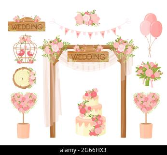 Cartoon Blumenstrauß, Urlaub Strauß, Bogen, Kuchen, Tauben Grußkarte, Design-Elemente für Poster. Zeremonie Dekor, Ehe, Verlobungsfeier Stock Vektor