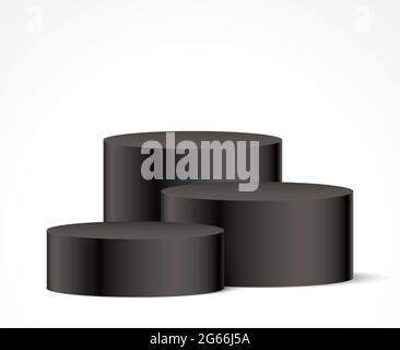 Zylinderform drei elegante schwarze Sockel für ein Objekt oder eine Produktpräsentation. Eine abstrakte ästhetische Szene mit geometrischen Formpodien. Vorlage für Vektorstufe. Stock Vektor