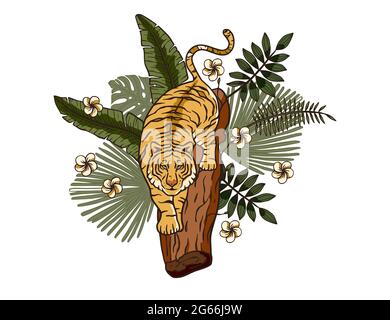Dschungel Cartoon tropischen bengalen Tiger Tier bedruckbare Kunst. Palm exotische Tierwelt Katze Illustration. Chinesisches Neujahr 2022. Stock Vektor
