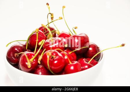 Rote Kirschen in einem weißen Becher auf weißem Hintergrund Stockfoto