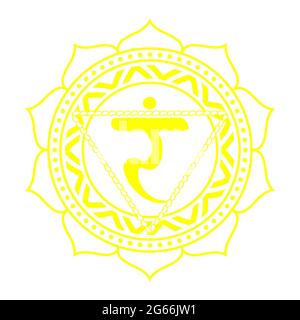 Das dritte Chakra von Manipur. Solar Plexus Chakra mit hinduistischem Sanskrit. Gelb ist ein flaches Symbol der Meditation, Yoga. Illustration Stockfoto