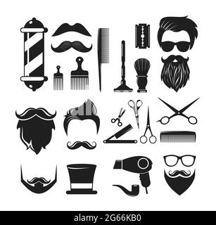 Vektor-Illustration Set von Barber Shop Icons. Barber Shop Logo Elemente, Etiketten, Abzeichen im Vintage-Stil isoliert auf weißem Hintergrund. Stock Vektor