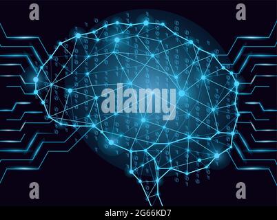 Binärcode in digitaler Gehirnform, bestehend aus Linien, Dreiecken, binären Ziffern und Punkten. Konzept für künstliche Intelligenz im High-Tech-Stil Stock Vektor