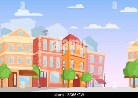 Vektor-Illustration von Cartoon-Stadt in hellen Farben, Tageszeit, nette Stadt Straße mit bunten Häusern in flachem Stil. Stock Vektor
