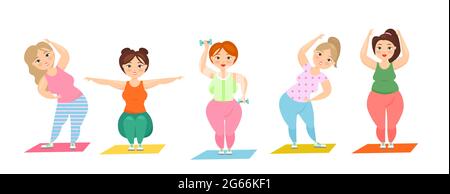 Vektor-Illustration Set von niedlichen übergewichtigen Damen, die Sport treiben, plus size Frauen, die Fitness-Übungen machen. Fat kurvige Frauen, Sport und eine gesunde Lebensweise Stock Vektor