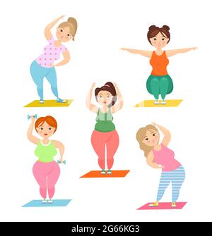 Vektor-Illustration Set von niedlichen fetten Damen, die Sport treiben. Fitness-Konzept, gesunder Lebensstil, plus Größe kurvige Frauen, die gemeinsam trainieren, flach Stock Vektor