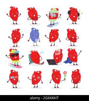 Vektor-Illustration von niedlichen anatomischen Herz Charakter in verschiedenen Positionen und emotional. Sammlung von Herz Emoji für Aufkleber und Webdesign in Stock Vektor
