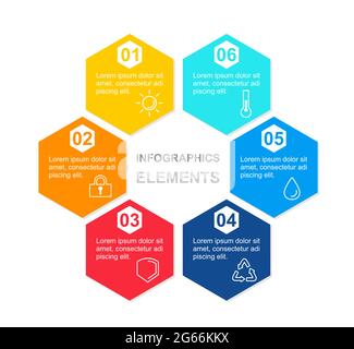 VECTO Illustration Infografiken Konzept mit sechseckigen bunten Elementen mit Symbolen und Ort für Text. Diagrammvorlage für die Präsentation in flacher Form Stock Vektor