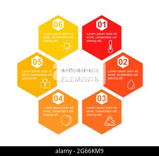 Vektordarstellung der Business-Infografik-Visualisierung. Prozessdiagramm. Sechseckige bunte Elemente mit Symbolen und Platz für Text. Diagrammvorlage Stock Vektor