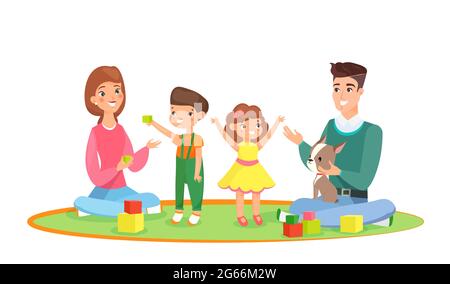 Vektor-Illustration der jungen Familie mit Kindern zu Hause spielen auf dem Teppich mit Baby Junge und kleines Mädchen. Eltern mit Kindern spielen zusammen im Retro-Stil Stock Vektor