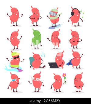 Vektor-Illustration Satz von niedlichen Cartoon Magen Emoji. Magen in verschiedenen Positionen und Emotionen Sammlung auf weißem Hintergrund in der Wohnung isoliert Stock Vektor