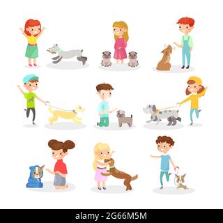 Vektor-Illustration Set von Kindern, die mit Hunden spielen. Glückliche Jungen und Mädchen spielen mit Hund, Spaß zusammen. Higs mit Haustieren Konzept in flach Stock Vektor