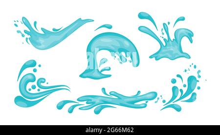Vektor-Illustration Satz von blauen Wasserspritzern und Wellen in flachem Stil isoliert auf weißem Hintergrund. Stock Vektor