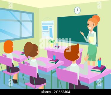 Vektor-Illustration des Lehrers im Klassenzimmer mit Kindern. Weibliche Lehrerin in der Nähe von Bord in der Klasse, kleine Kinder Vorschule Studium Konzept Stock Vektor