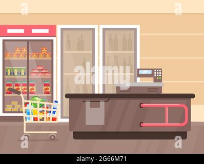 Vektor-Illustration von Supermarkt Interieur mit Theke und Kühlschränke mit Getränken, Regale und Stände mit Produkten und Waren. Leerer Supermarkt, Schlangen Stock Vektor