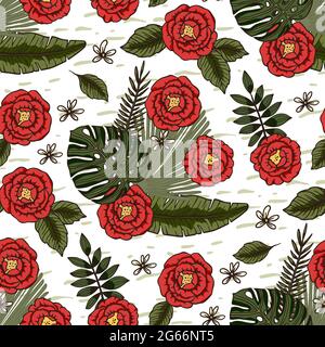 Rote Hibiskusrosenblüte tropisches Sommer nahtloses Muster. Natur Blumenvektor Illustration. Dschungel exotischer Hintergrund. Stock Vektor