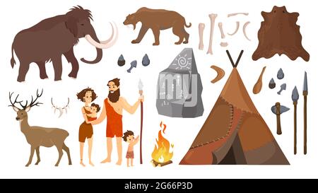 Vektor-Illustration von steinzeitalten Menschen mit Elementen für das Leben, Jagdwerkzeuge. Primitive Neandertalerfamilie - Mann, Frau und Kinder, Mammut und Stock Vektor