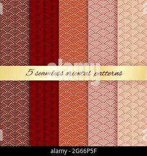 Set aus 5 orientalischen Nahtlosmustern. Traditionelles japanisches oder chinesisches geometrisches Ornament. Seigaiha welliger Hintergrund. Vektorgrafik. Einfach zu bearbeitende t Stock Vektor