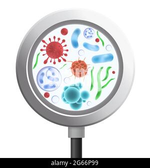 Vektordarstellung von Bakterien und Mikroorganismen in einem Kreis. Viren und Bakterien unter dem verjüngenden Glas, Lupe, Cartoon-Medizin-Konzept. Stock Vektor