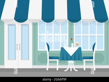 Vektor-Illustration von Tisch und Stühlen des kleinen Straßencafés mit gestreifter Markise, außen des Cafés in Cartoon-Flat-Stil. Stock Vektor