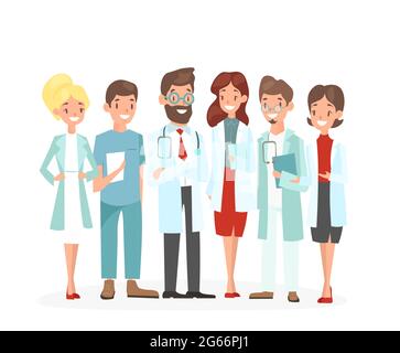 Vektordarstellung des Ärzteteams. Krankenhauspersonal Team von Mann und Frau Ärzte Krankenschwestern Chirurg, glücklich und niedlich Ärzte auf weiß isoliert Stock Vektor