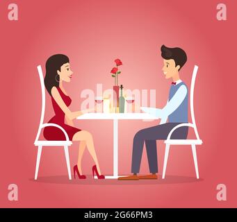 Vektor-Illustration mit romantischen Abendessen des Paares. Dating-Konzept. Valentinstag Feier der schönen Frau und schönen jungen Mann in der Wohnung Stock Vektor